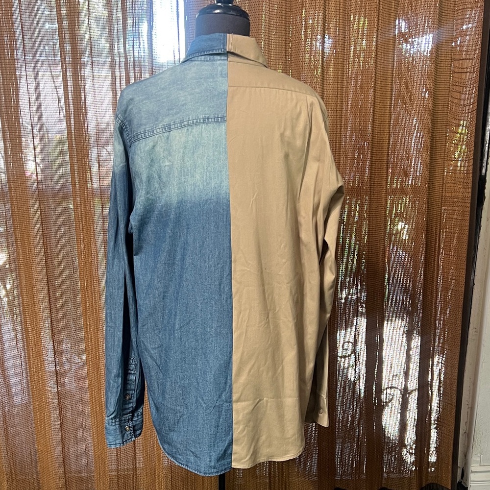 Upcycled Two-Tone Tan and Blue Unisex Shirt - Picture 3 of 4